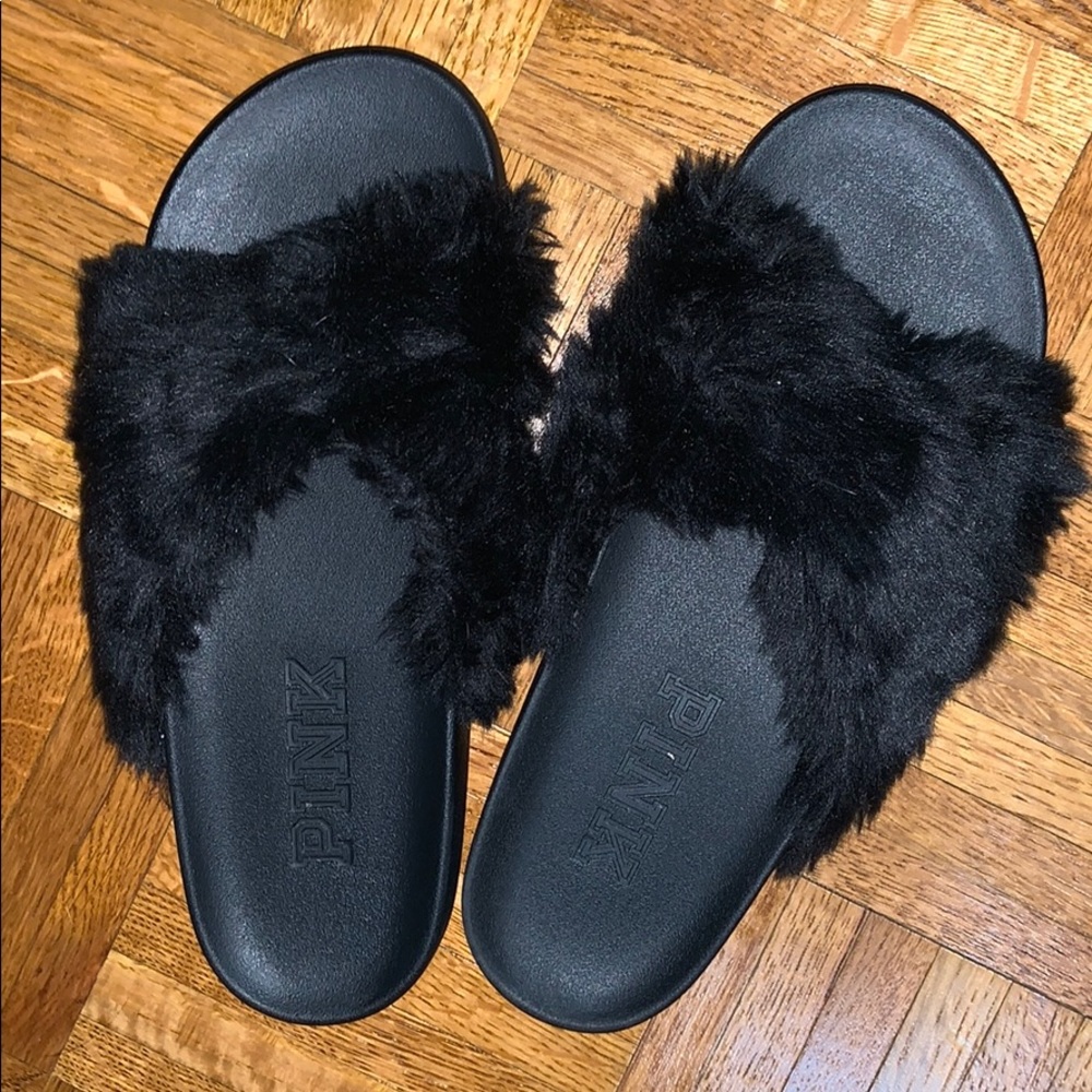 Pink fuzzy slides